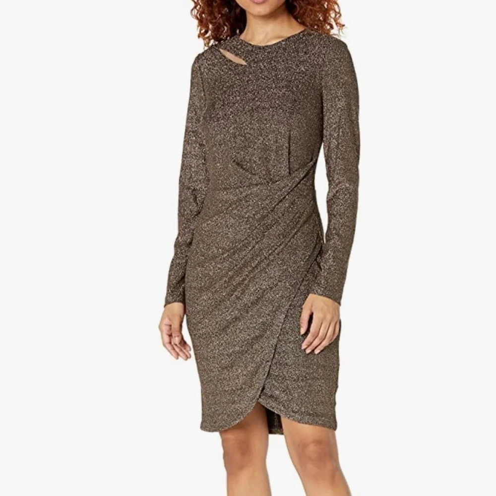 DKNY Long Sleeve Knit Cut Out Sheath metallic gold women’s 12 new with tags